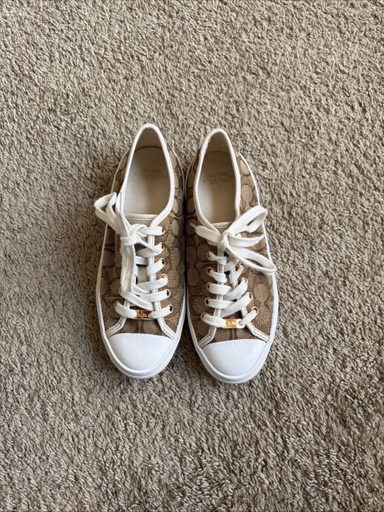 Coach Shoes - Coach Tan Signature Canvas Low-Top Sneakers with White Accents